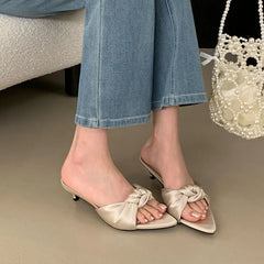 Butterfly-Knot Heeled Slippers Shoes Pointed Toe Low Heel Slippers Pumps
