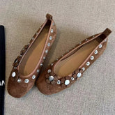 Brown Metal Button Flower Decoration Ballet Flats Faux Suede Design Loafers Elegant Comfortable Mary Jane Shoes