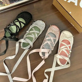 Ballet Flats Round Toe Lace Up Black Pink White Bow Shoes Sandals Ballerinas Mary Jane Shoes