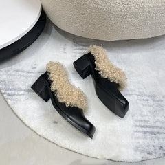 Ins style Square toe Patent Leather Wool Warm High heels Loafers Casual Girls Chunky Shoes