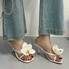 Flower Thin Heels Pumps Slides Shoes Flip flops Square Toe Heeled Sandals Shoes Big Size 43