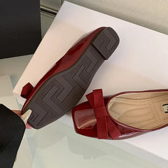 Mary Jane Shoes Square Toe Flats Shallow Dress Shoe Butterfly Knot Patent Leather Soft Soled Ballet Shoes