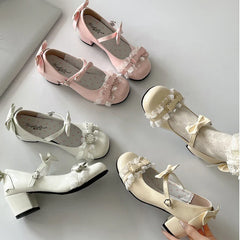 Cute Lace JK Mary Jane Shoes Butterfly-knot Leather Shoes Outdoor Party Dress Pumps