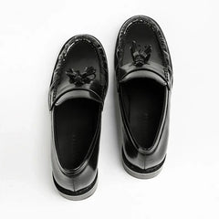 Black Patent Leather Chunky Heel Loafers Pleated Fringe Sewing Shoes Comfortable Soft Leather Zapatos De Mujer