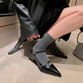 Low Heels Pointed Toe Vintage Genuine Leather Mary Janes Shoes Woman Casual Office Ladies