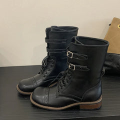 Design Narrow Band Lace-up Knee-High Boots Vintage Round Toe Square Low Heels Shoes