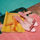 Peep Toe Bow Pink Mules Sweet Round Toe Low Heels Slip-On Flower Heart Printed Slippers Casual Rubber Shoes