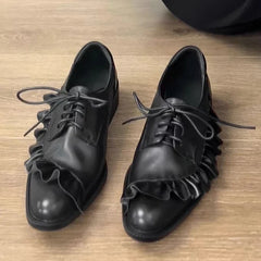 Black Soft Leather Lace-up Loafers Pleated Design Brand Low Heel Pumps Cozy Commuter Office Shoes Zapatos De Mujer