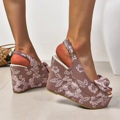 Slope Heel Sandals Bow Embroidery High-heeled Fish Mouth Shoes Thick Bottom Versatile Shoes