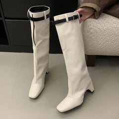 White Square Toe Belt Buckle Shaped Heel Knight Boots Woman Black Slip-On Thick Heel Knee-High Boots Shoes