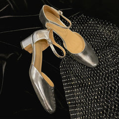 genuine leather 4.5cm thick med heel round toe ankle strap sandals elegant soft comfortable