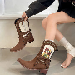 Vintage Ethnic Style Embroidery Woman Ankle Boots Shoes Elegant Thick Heel Western Cowboy Botas