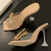PVC Transparent Butterfly-knot Square Toe Woman Slippers Crystal Heels Slide Shoes
