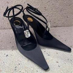 Diamond Silk Thin High Heels Cross-Strap Banquet Crystal Brand Pointed Toe Sandals