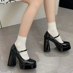 Platform Mary Jane High Heels Chunky Heeled Buckle Strap Solid Color Lolita Shoes Sweet Cosplay Pumps
