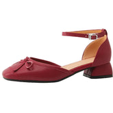 Sweet Retro Butterfly Knot Genuine Leather Thick Heels Ankle Strap Shoes Woman Party Wedding