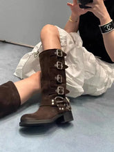 Comemore Chunky Heel Buckle Vintage Motorcycle Knee High Mid Calf Boots Shoes Leather Platform Biker Boots