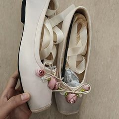 Square toe silk pink ballet shoes flower lace up chunky heel