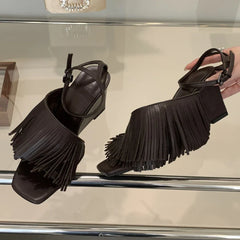 Tassels Wedge Sandals Open Toe Ankle Strap High Heels