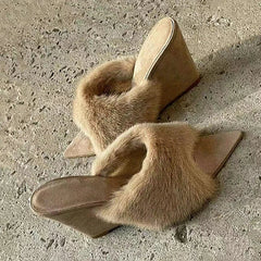 Plush Slippers French Pointed Open-toed Fluffy Slippers Home Outdoors Wedge Shoes Heels Highquality