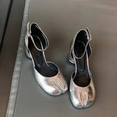 Tabi Ninja ShoesRound Split Toe Shallow Thick Heel Sandals Single Mid Heel Mary Janes
