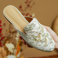 embroidery velvet slip-on flats mules round toe pigskin inside sheepskin insole casual sandals shoes woman