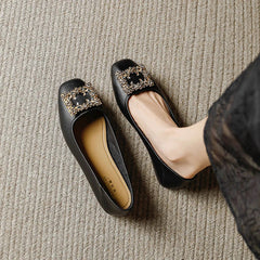 Rhinestone Lace square buckle Square Closed Toe Slip On Flat Shoes Solid