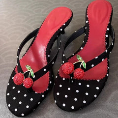 Bohemian Style Polka Dot Round Toe Thin Low Heels Slippers Mules Slides Shoes Crystal Rhinestone Sandals Flip Flops