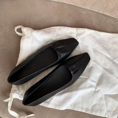 Black Ballet Flats Shoes Square Toe Crumple�Leather Elegant Shoes Shallow Slip on Loafers