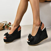 Slope Heel Sandals Bow Embroidery High-heeled Fish Mouth Shoes Thick Bottom Versatile Shoes