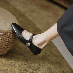 Square Toe Brown leather mary janes shoes woman retro ankle strap flats shallow mouth moccasins comfy ballerina shoes