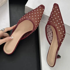 Mesh Rhinestone High Heels Breathable Pointy Toe Shallow Mouth Slippers