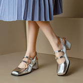 Plus Size 44 45 46 Black Silver Chunky High Heels Mary Jane Shoes Square Toe Double Buckle Pumps Slingback Sandals