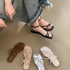 Gladiator Elegant Narrow Band Clip Toe Shoes Comfort Flats Beach Sandalias