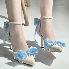 Party Shoes Woman Trend Blue High Heels Woman Pearl Lolita Shoes Y2K Heel Mary Jane Slingback