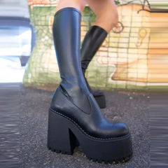 Platform Chunky High Heeled Knee High Boots Cool Round Toe Cute Sweet Heeled Boots Gothic Uniform