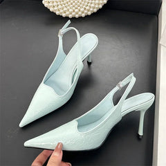 Elegant Slingbacks Thin High Heels Pointed Toe Buckle Strap Blue Party Heeled Sandals