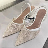 Mesh Embroidered Brand Sandals String Bead Thin Heels Mules Shoes Pointed Toe Slingback Slippers Zapatos De Mujer