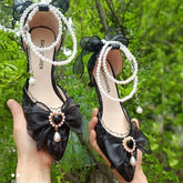 Elegant Woman Heels Lolita Y2k Mary Jane Shoes Black Heart Pearl Shoes Sandals