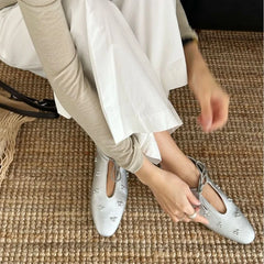 Metal Rivet Decoration Shallow Mouth Ballet Flats High Quality Soft Bottom Lacing Flat Shoes Casual Comfy Shoes