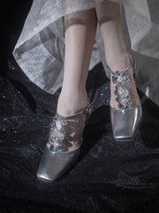 Flower Sandals Sliver Shiny Leather Square Toe Ankle Straps High Heels T Strap Casual Rose