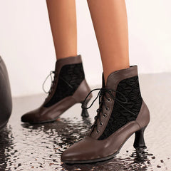 White Red Victorian Pointed Toe Ankle Boots PU Leather Embroidered Laces Punk Cross-tied Kitten High Heel Shoes Plus Size
