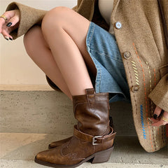 Ankle Boots Genuine Leather Chunky High Heels Shoes