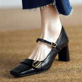 Metal Buckle Decoration Mary Jane Shoes Comfortable Leather High Heels Elegant Chunky Heel Zapatos De Mujer