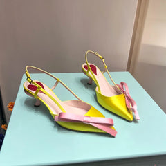 Yellow Pointed Toe Bowknot Satin Cat Heel Sandals Woman Heart Color Matching Buckle Strap Closed High Heel Shoes