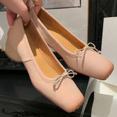 genuine leather 4.5cm thick med heel pleated square toe slip-on pumps sweet bowtie korean style heeled shoes sale