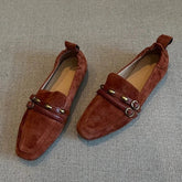 British Style Suede Square Toe Loafers Retro Belt Buckle Design Flats Shoes Comfortable Casual Commute Office Shoe
