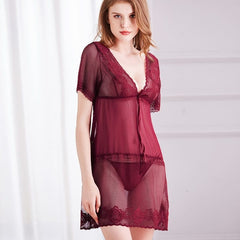 Deep V Mesh See-Through Short Sleeve Night Dresses