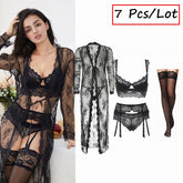 Lace Underwear Robe+Bra+Panties 7 Piece Set