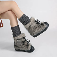 Furry Lace Up Snow Boots Concise Height Increase Shoes Thick Sole Warm Cotton Short Booties Zapatos De Muje